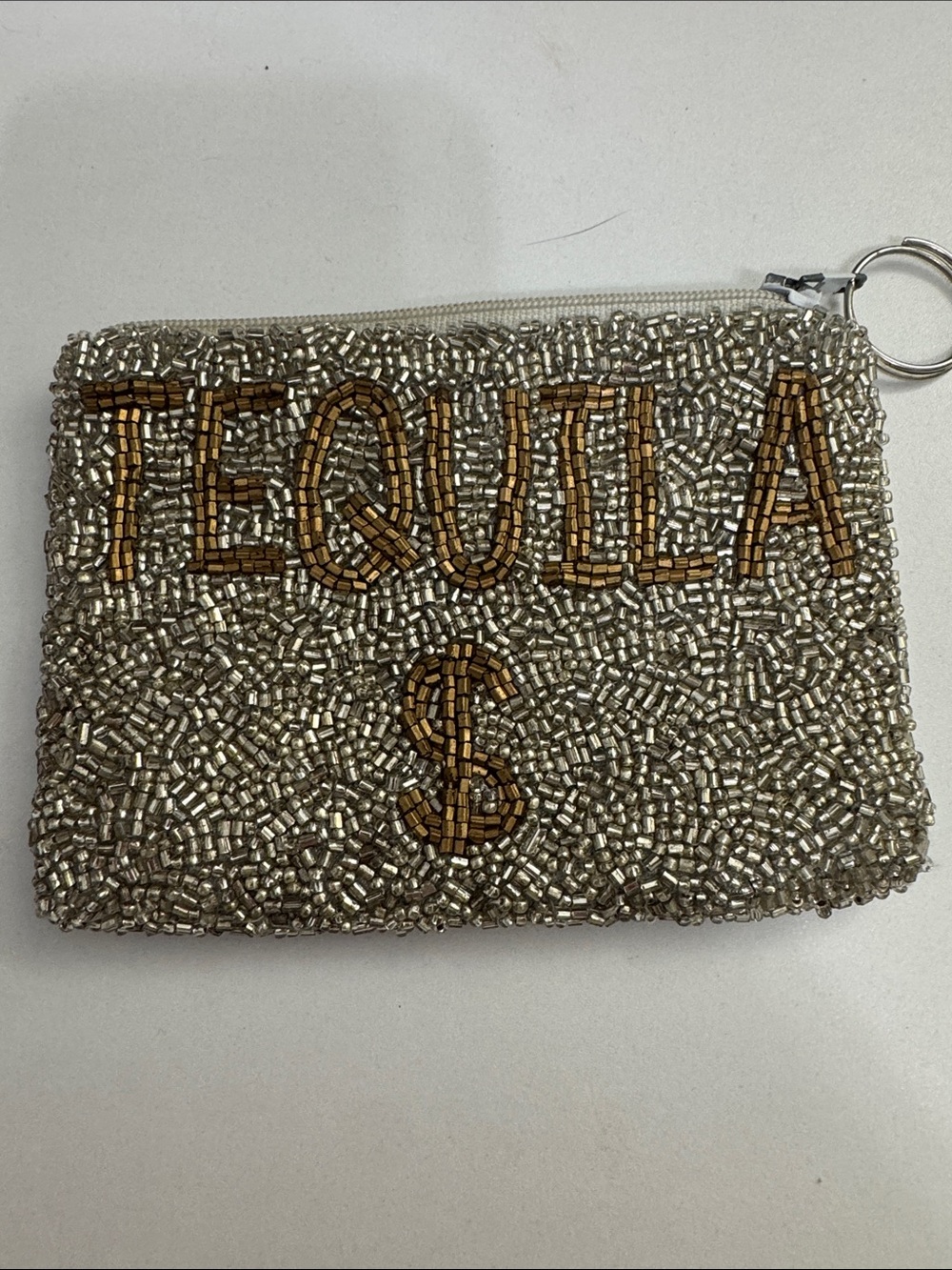 Tequila Sequin Beaded Coin Pouch - Silver with Gold Accents